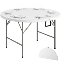 Outsunny Φ48" Folding Patio Table, Outdoor HDPE Picnic Table, Card Table for 6, Round Folding Banquet with Metal Frame, White(m-13)
