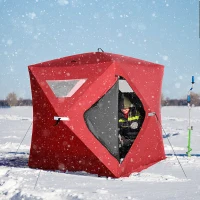 Outsunny 2-4 People Ice Fishing Shelter, Pop-Up Portable Ice Fishing Tent with Carry Bag, Two Doors, Windows and Vents, Ice Shanty for Winter Fishing, Red(m-2)