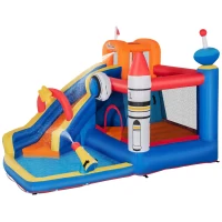 Outsunny 5-in-1 Water Slide Kids Inflatable Bounce House Space Theme Water Park Includes Slide Trampoline Pool Cannon Climbing Wall with Carry Bag, Repair Patches without Air Blower(m-1)