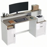 HOMCOM Computer Desk with Power Outlets Office Desk 1 Cabinet File Drawer Grey Brown White(m-13)