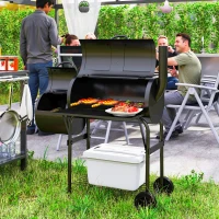 Outsunny Portable Outdoor Charcoal BBQ Grill with Offset Smoker, Barbecue Grill with Spacious Cooking Area, 2 Shelves, Thermometer, Wheels for Patio Backyard Party, Black(m-1)