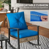 Outsunny 3 Pieces Bistro Set, Patio Wicker Furniture Set with Button Tufted Cushions, Rattan Rocking Chairs, Coffee Table, Blue(m-6)