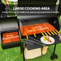 Outsunny Portable Outdoor Charcoal BBQ Grill with Offset Smoker, Barbecue Grill with Spacious Cooking Area, 2 Shelves, Thermometer, Wheels for Patio Backyard Party, Black(m-5)