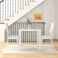 HOMCOM 3-Piece Rectangular Glass Kitchen Table and Chairs with Metal Frame and Faux Leather Upholstery for Dining Room, White(m-1)