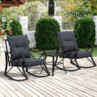 Outsunny 3-Piece Patio Bistro Set Outdoor Rocking Coffee Table Chair Set with Curved Base, Soft Cushions, Steel Frame, Black(m-2)