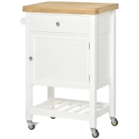 HOMCOM Utility Kitchen Cart, Rolling Kitchen Island with Smooth Rubberwood Top, Narrow Butcher Block Surface on Wheels with Storage Drawer & Cabinet, White(m-14)