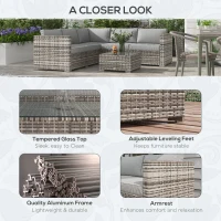 Outsunny 4 Pieces Rattan Wicker Outdoor Conversation Furniture Set w/ Corner Sofa Loveseats Coffee Table Cushions, Mixed Grey(m-6)