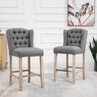 HOMCOM Counter Height Bar Stools Set of 2, 27" Seat Height Upholstered Barstools, Farmhouse Kitchen Island Stools with Nailhead-Trim, Tufted Back and Wooden Legs, Light Gray(m-10)