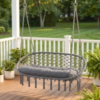 Outsunny Patio Hammock Chair 2 Seat, Hanging Rope Hammock Swing Chair with Metal Frame and Cushion, Large Macrame Seat for Indoor and Outdoor 396 lbs Capacity, Dark Grey(m-8)