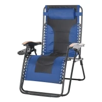 Outsunny Foldable Outdoor Lounge Chair with Footrest, Oversized Padded Zero Gravity Lounge Chair with Headrest, Cup Holders, Armrests for Camping, Lawn, Garden, Pool, Blue(m-11)