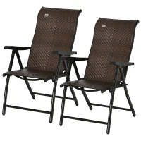 Outsunny Rattan Reclining Folding Chair Set of 2, Outdoor Wicker Portable Recliner with 7 Adjustable Backrest Position for Garden, Balcony, Patio, Brown(m-2)