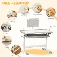 Qaba Kids Desk and Chair Set, School Study Desk with USB Light, Storage Drawer for Writing, Activities, Arts, or Crafts, Gray and White(m-5)