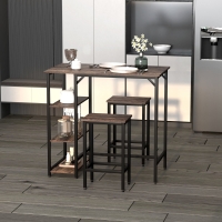 HOMCOM Industrial Dining Table Set for 2, Bar Table and Stools Set, Counter Height Kitchen Table with Chairs with Storage Shelf, Rustic Brown