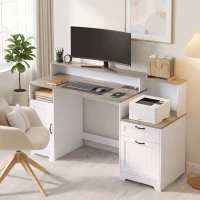 HOMCOM Computer Desk with Power Outlets Office Desk 1 Cabinet File Drawer Grey Brown White(m-1)