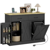 HOMCOM 7 Gallon Tilt Out Garbage Cabinet, Kitchen Island with Charging Station, 2 Drawers, 4 Door Racks, Black(m-2)
