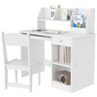 Qaba Kids Desk and Chair Set for 5-8 Year Old with Storage, Study Table and Chair for Children, White(m-2)