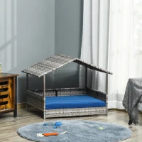 PawHut Rattan Dog House with Canopy, Wicker Dog Bed with Water-Resistant Cushion, for Small and Medium Breeds Dark Blue(m-8)