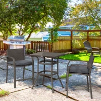 Outsunny 3 PCS Rattan Wicker Bar Set with Wood Grain Top Table and 2 Bar Stools for Outdoor, Patio, Poolside, Garden, Grey(m-10)