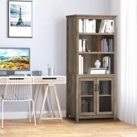 HOMCOM 71" Bookcase Storage Hutch Cabinet with Adjustable Shelves and Glass Doors for Home Office, Kitchen, Living Room, Natural Wood(m-10)