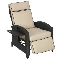 Outsunny Outdoor Recliner Chair with Adjustable Backrest, Cushion, Side Tray, Khaki(m-9)