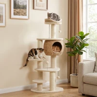 PawHut 52" Cat Tree, Cat Tower with Handwoven Cattail Condo, Bed, Platforms, 3 Scratching Posts and 3 Toy Balls(m-10)
