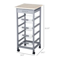 HOMCOM Mobile Kitchen Cart, Rolling Kitchen Island with Storage, Solid Wood Frame Utility Cart with Wire Fruit Baskets and Drawer, Gray(m-3)