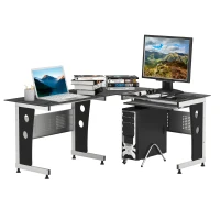 HOMCOM L-Shaped Corner Computer Desk Gaming Table Home Office Workstation Glass Top P2 MDF with Keyboard Tray - Black(m-11)