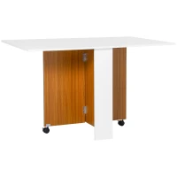 HOMCOM Foldable Dining Table, Drop Leaf Folding Side Table Console Writing Desk with 2 Wheels for Kitchen, Dining Room, Teak, White(m-11)