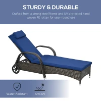Outsunny Outdoor Lounger, Deck Lounge Chair with Headrest, 5-Level Adjustable, Backrest, Wheels, Mixed Brown and Dark Blue(m-4)