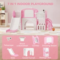 Qaba 7 in 1 Toddler Slide with Basketball Hoop, Climbing Frame, Telescope, Drawing Board, Crawl Tunnel for Ages 1-3, Pink(m-4)