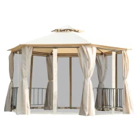 Outsunny 13ft Hexagon Gazebo Outdoor Canopy Shelter with Netting and Shaded Curtains Beige(m-11)