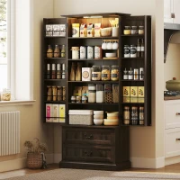 HOMCOM 72" LED Kitchen Pantry Cabinet, Buffet Storage Cabinet with 10 Door Shelves, 2 Drawers and Adjustable Shelves, Brown(m-8)