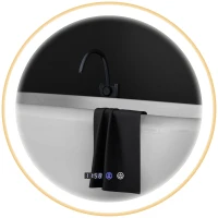 HOMCOM 28" Round Bathroom Mirror with LED Lights, Wall Mounted Vanity Mirror with Anti-Fog Pad, Time and Temp Display, Gold(m-9)
