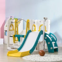 Qaba 6-in-1 Slide and Swing Set Baby Swing Playset Indoor with Basketball Hoop, Climber, Storage Space, Telescope, Yellow(m-8)