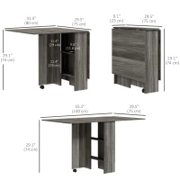 HOMCOM Extendable Dining Table, Collapsible Folding Table w/ 2-tier Shelves and Rolling Casters, Grey Wood Grain(m-3)