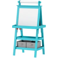 Qaba Double Sided Easel for Kids, Standing Toddler Easel with Paper Roll, Magnetic Whiteboard, Chalkboard & Storage, Blue(m-1)