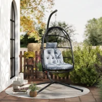 Outsunny Wicker Egg Swing Chair with Stand, Foldable Hanging Egg Chair with UV Resistant Cushion, Headrest, Dark Grey(m-8)
