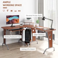 HOMCOM L-Shaped Corner Computer Office Desk Workstation with Elevated Shelf, Rolling Keyboard Tray, & Convenient CPU Stand, Brown(m-4)