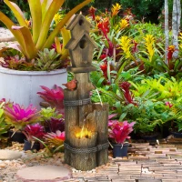 Outsunny Outdoor Fountain, Garden Waterfall with Birdhouse, 3-Tier Tree Trunk Design, LED Lights for Porch, Deck, Yard, Brown(m-1)