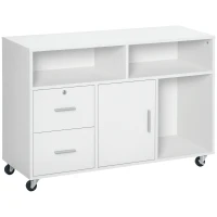 HOMCOM Lateral Filing Cabinet with Open Storage Shelf, Printer Stand Home Office Mobile File Cabinet with Wheels, Lockable Drawer, White(m-2)