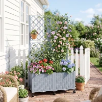 Outsunny Planter Box with Trellis, Self Watering Raised Garden Bed with Lockable Wheels and Drainage Holes, Gray(m-8)