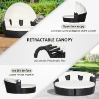 Outsunny 4 Pieces Outdoor Daybed, Patio Lounge Chair with Cushioned Round Sofa Bed, Sectional Patio Conversation Furniture Set with Canopy  & Coffee Table, Black(m-5)