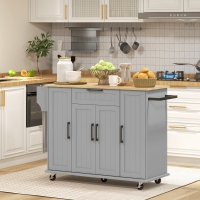 HOMCOM Modern Rolling Kitchen Island Cart with Drawers, Natural Wood Top, Towel Rack, Door Storage Cabinet, Grey
