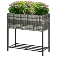Outsunny Rattan Raised Garden Boxes, Elevated Flower Beds with Storage Shelf for Herbs, Flowers, Vegetables, Mixed Grey(m-2)