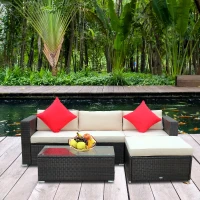 Outsunny 5-Piece Outdoor Sectional Furniture, Patio Sofa Set, PE Wicker Couch, Cushions, Pillows, Ottoman, Table, Beige(m-14)