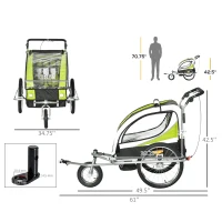 Aosom Foldable Bike Trailer for Kids, Toddler Carrier with 2 Seats, Safety Flag, Light Reflectors, & 5 Point Harness, Green(m-3)