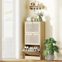 HOMCOM Rattan Shoe Storage Cabinet with 3 Flip Drawers and Adjustable Shelves, Entryway Shoe Cabinet for 18 Pairs, Oak(m-10)