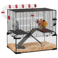 PawHut Hamster Cage with Deep Glass Bottom, Tunnel Tube System, Platforms, Hut, Exercise Wheel, Water Bottle, 24" x 16" x 22"(m-9)