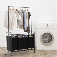 HOMCOM 4-Bag Rolling Laundry Sorter Cart Heavy Duty with Hanging Bar Large Washing Bag and Wheels Laundry Storage Black(m-1)