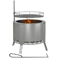 Outsunny 2-in-1 Smokeless Fire Pit BBQ Grill Portable Camping Bonfire Stove with Poker, Stainless Steel, Silver(m-1)